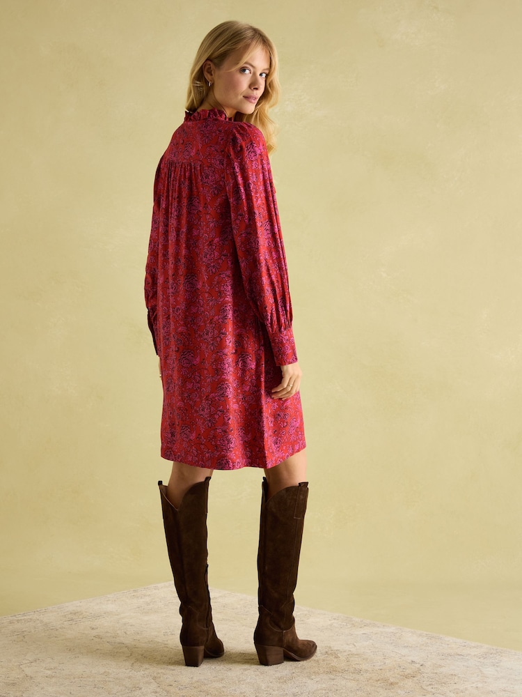 Joules Rosette Red Floral Printed Dress with Pie Crust Neck - Image 2 of 7