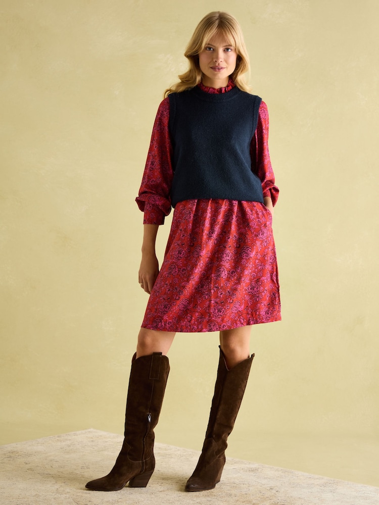 Joules Rosette Red Floral Printed Dress with Pie Crust Neck - Image 7 of 7