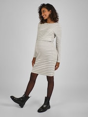 JoJo Maman Bébé Grey and Ecru Cream Ribbed Mini Maternity & Nursing Dress - Image 1 of 4