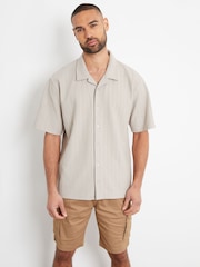 Threadbare Cream/ Brown Textured Revere Collar Short Sleeve Shirt - Image 1 of 4