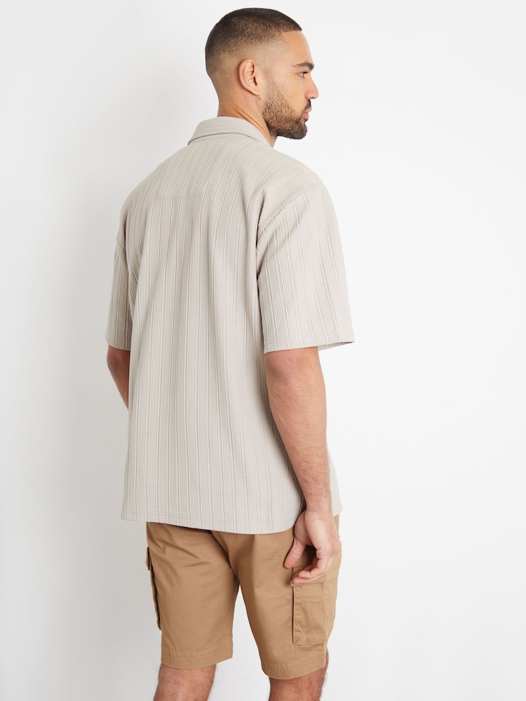 Threadbare Cream/ Brown Textured Revere Collar Short Sleeve Shirt - Image 2 of 4