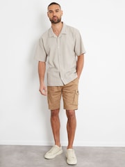 Threadbare Cream/ Brown Textured Revere Collar Short Sleeve Shirt - Image 3 of 4