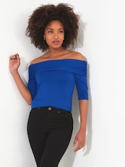Joe Browns Blue Slim Fit Fold Over Bardot Jersey Top - Image 1 of 4