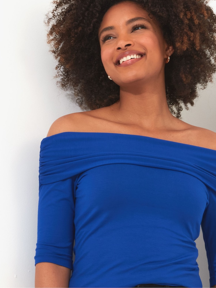 Joe Browns Blue Slim Fit Fold Over Bardot Jersey Top - Image 2 of 4