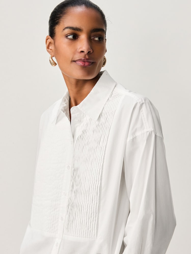 White Pleated Bib Front 100% Cotton Long Sleeve Shirt - Image 1 of 8