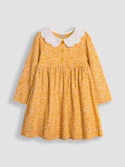 JoJo Maman Bébé Mustard Yellow Ditsy Floral Broderie Collar Dress - Image 1 of 3