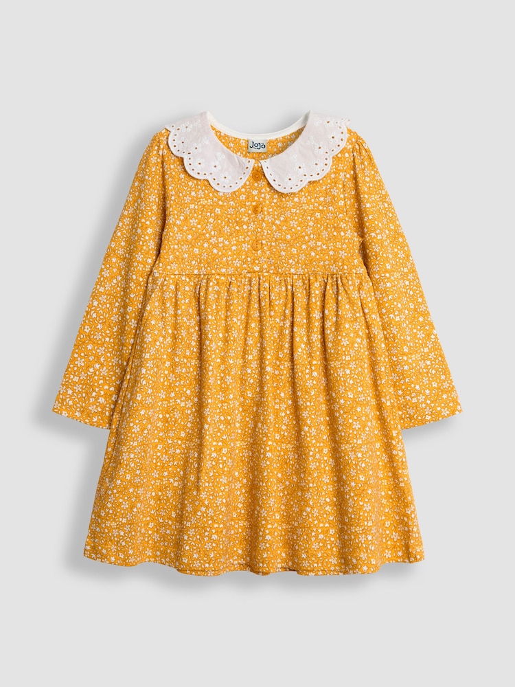 JoJo Maman Bébé Mustard Yellow Ditsy Floral Broderie Collar Dress - Image 1 of 3