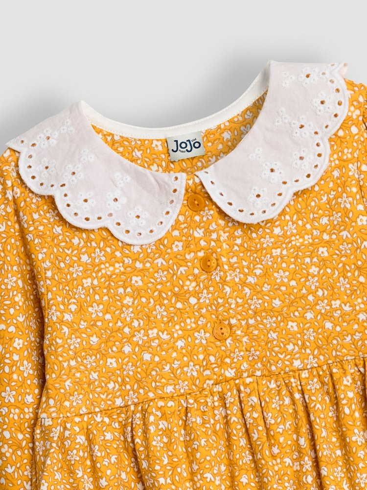 JoJo Maman Bébé Mustard Yellow Ditsy Floral Broderie Collar Dress - Image 3 of 3