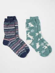FatFace Green Cosy Bunny Socks 2 Pack - Image 1 of 2