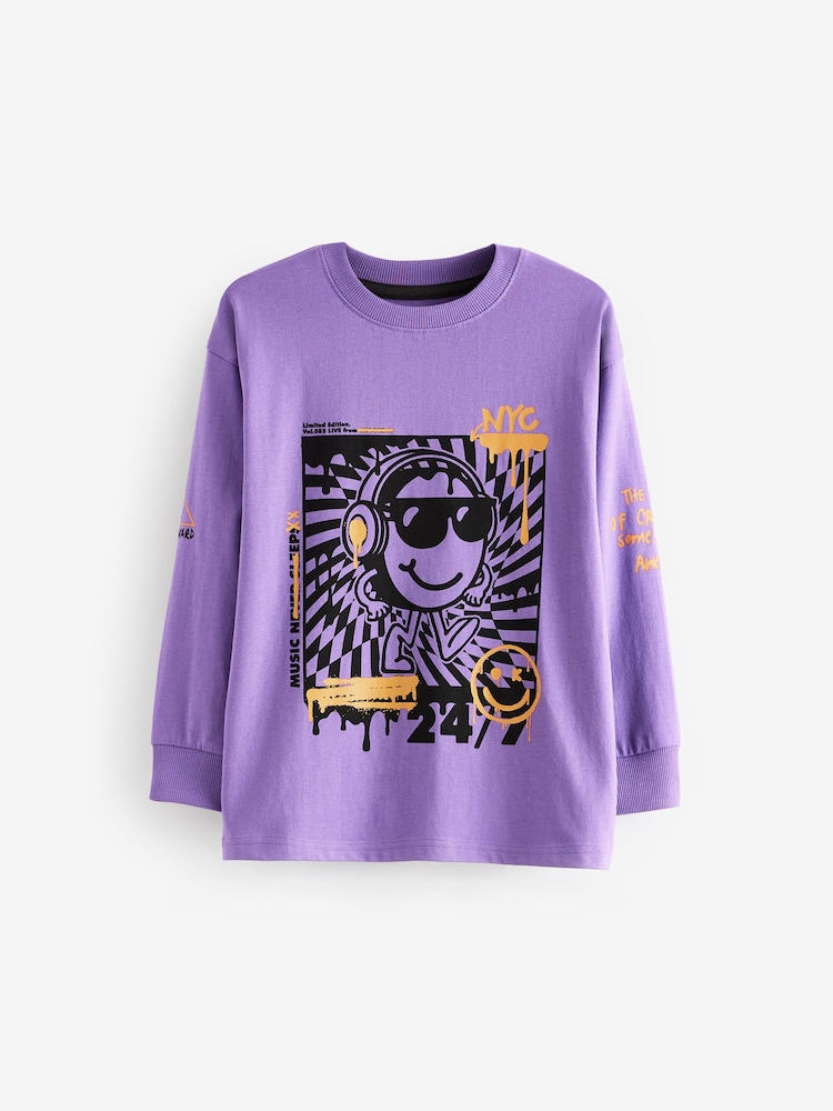 Black/Purple Smile Checkerboard 2 Pack Long Sleeve Pyjamas (3-16yrs) - Image 11 of 14