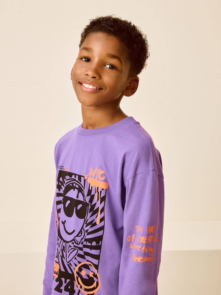 Black/Purple Smile Checkerboard 2 Pack Long Sleeve Pyjamas (3-16yrs) - Image 3 of 14