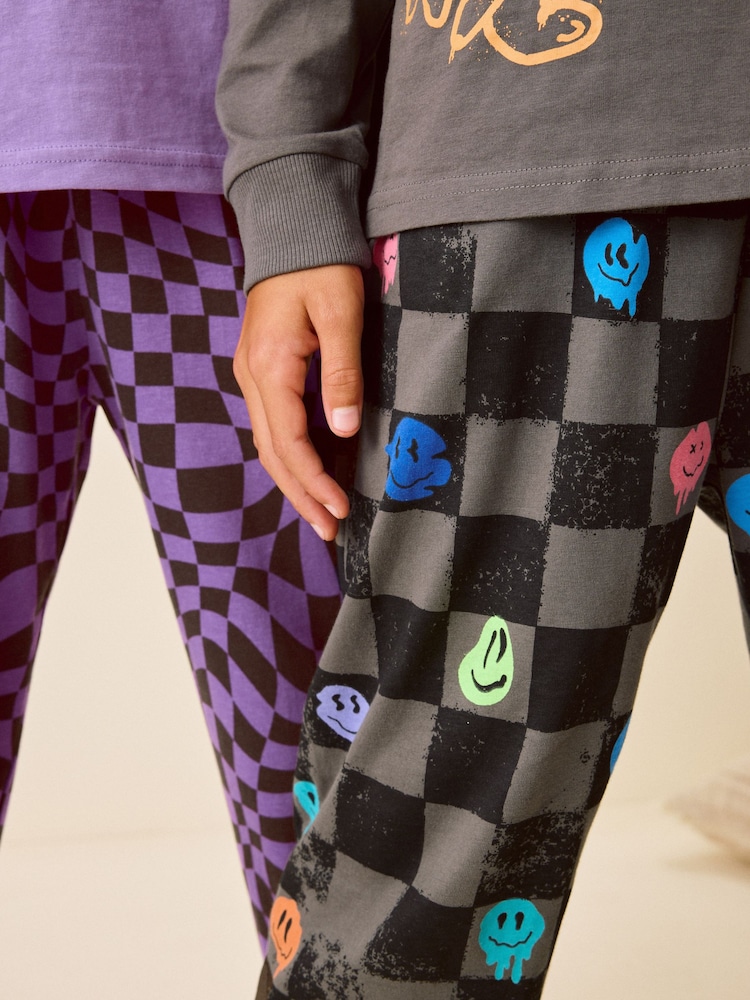 Black/Purple Smile Checkerboard 2 Pack Long Sleeve Pyjamas (3-16yrs) - Image 5 of 14