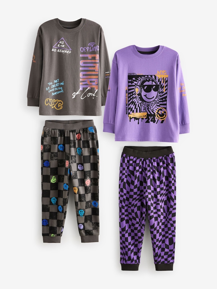 Black/Purple Smile Checkerboard 2 Pack Long Sleeve Pyjamas (3-16yrs) - Image 6 of 14
