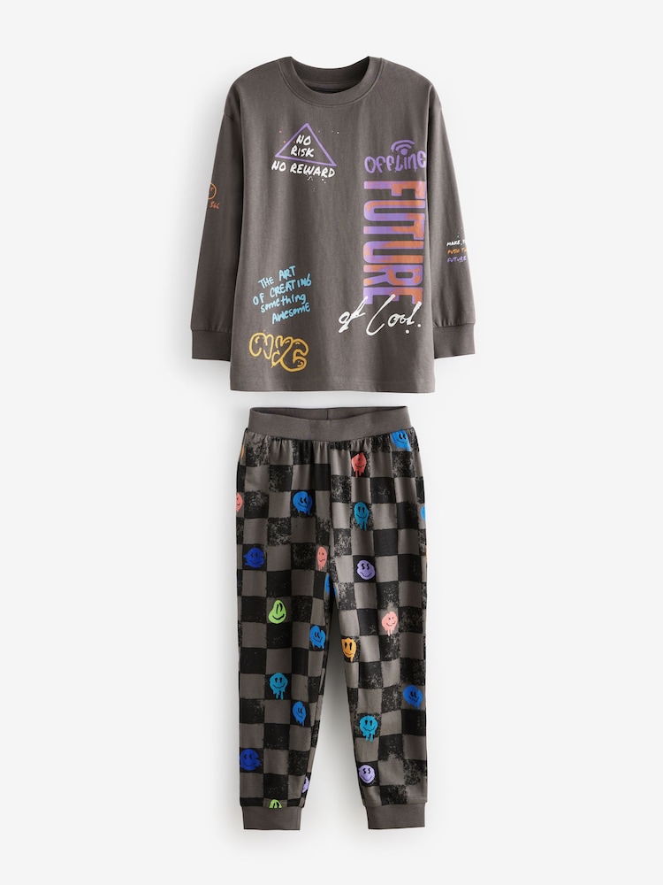 Black/Purple Smile Checkerboard 2 Pack Long Sleeve Pyjamas (3-16yrs) - Image 7 of 14