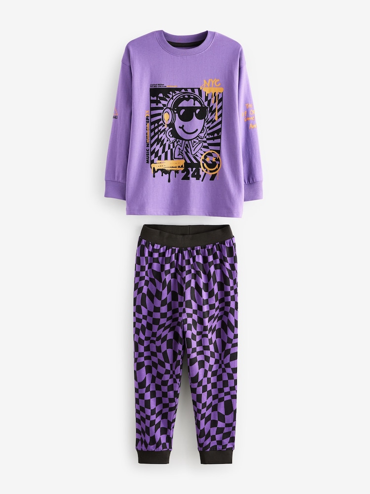 Black/Purple Smile Checkerboard 2 Pack Long Sleeve Pyjamas (3-16yrs) - Image 8 of 14