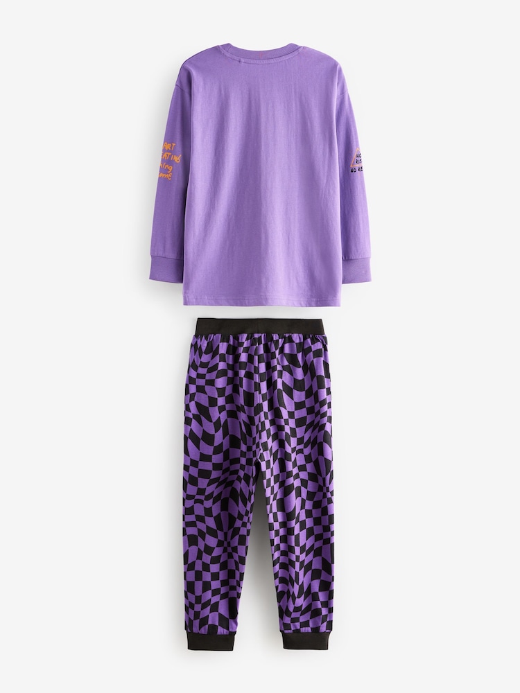 Black/Purple Smile Checkerboard 2 Pack Long Sleeve Pyjamas (3-16yrs) - Image 9 of 14
