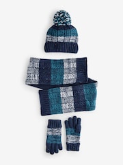 Teal Blue Stripe Hat, Scarf and Gloves Set (3-16yrs) - Image 1 of 4