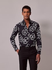 Hawes & Curtis Slim 100% Cotton Diamond Weave Mid Collar Black Shirt - Imagen 1 de 4