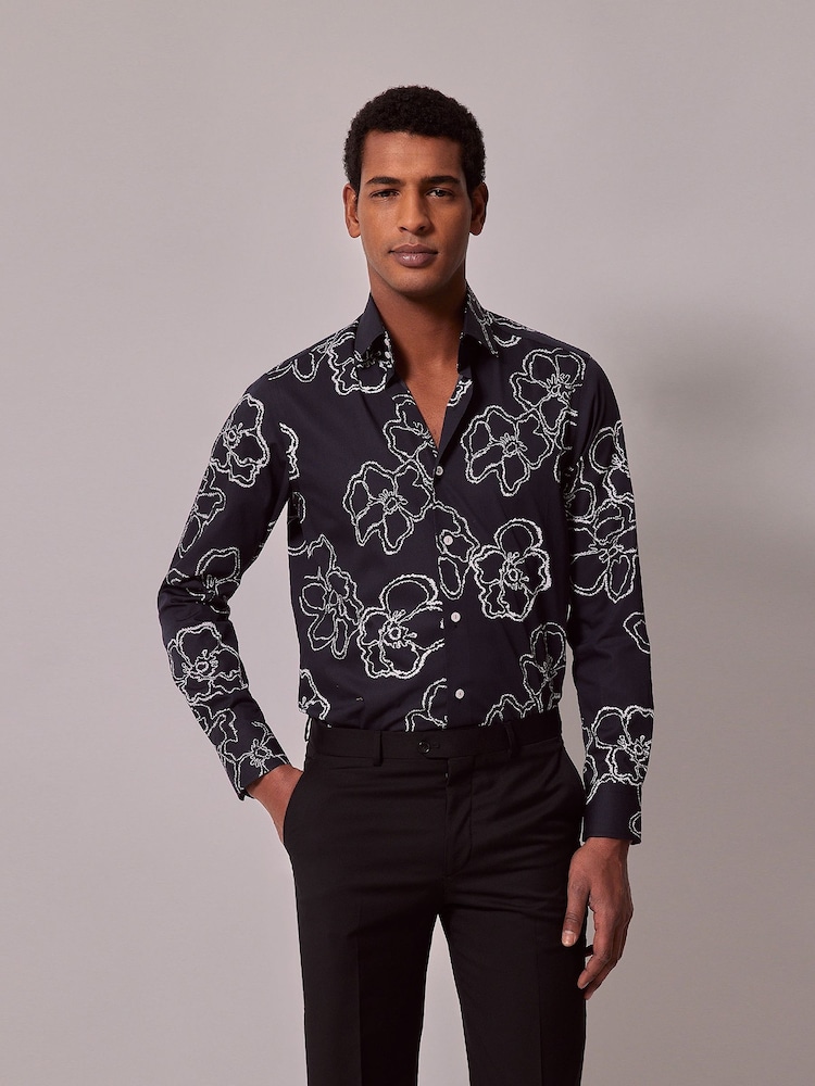 Hawes & Curtis Slim 100% Cotton Diamond Weave Mid Collar Black Shirt - Imagen 1 de 4