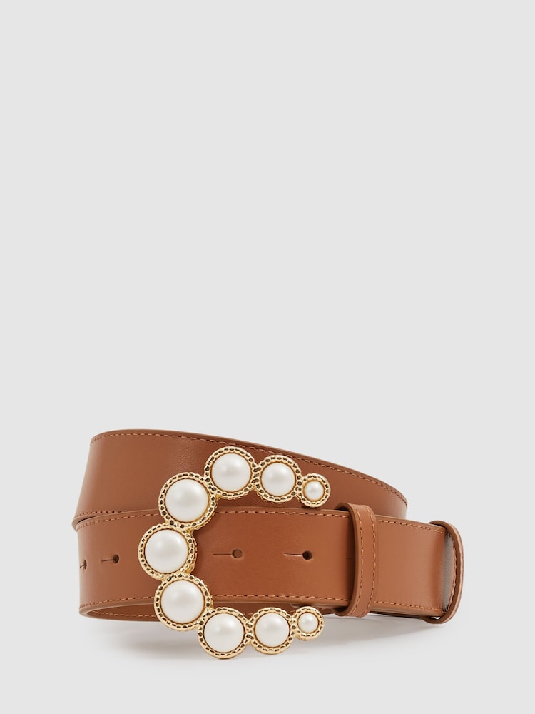 Camilla Elphick Leather Pearl Buckle Belt - Image 1 of 3 Camilla Elphick Leather Pearl Buckle Belt - Image 1 of 3