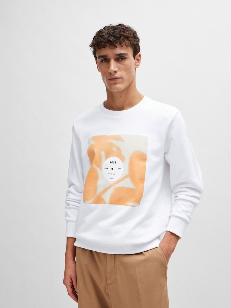 BOSS White 100% Cotton Terry Relaxed-Fit Sweatshirt With Seasonal Artwork - Image 1 of 1 BOSS White 100% Cotton Terry Relaxed-Fit Sweatshirt With Seasonal Artwork - Image 1 of 1
