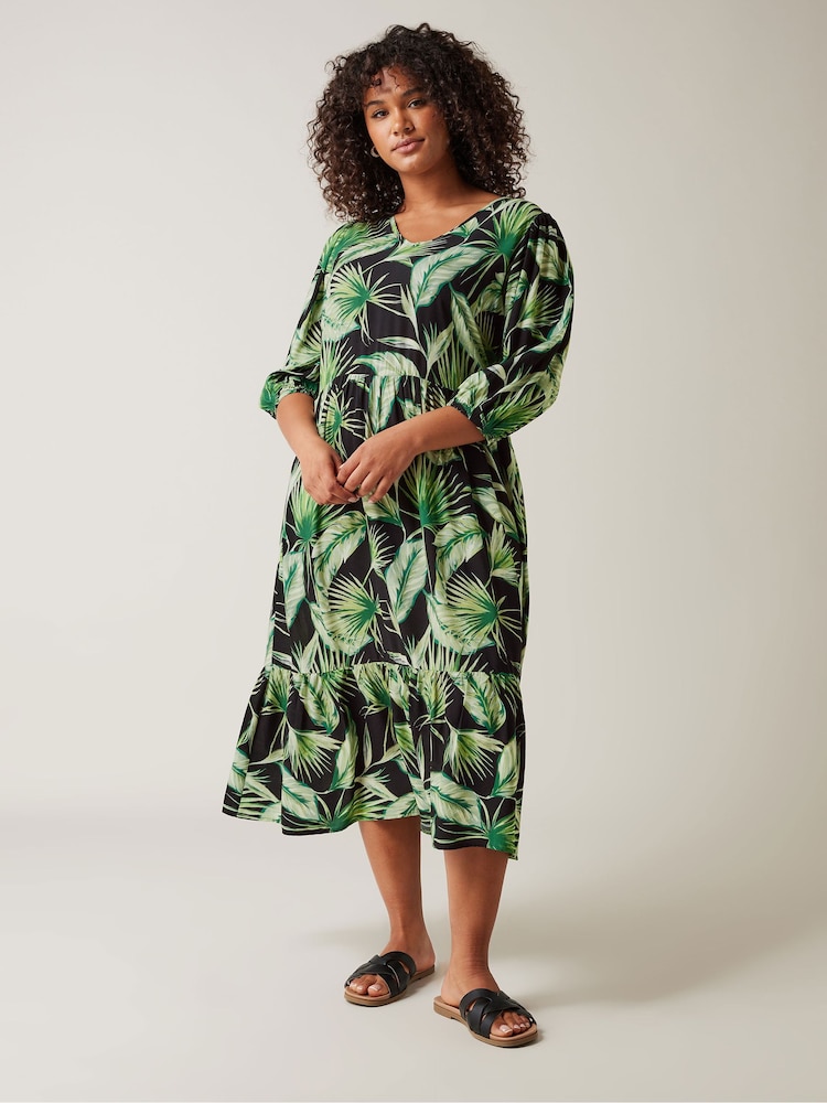 Evans Curve Green Palm Print Tiered Midi Dress - Image 1 of 5