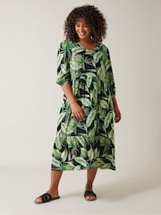 Evans Curve Green Palm Print Tiered Midi Dress - Image 2 of 5