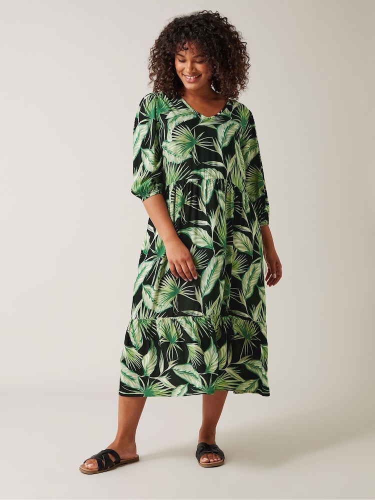 Evans Curve Green Palm Print Tiered Midi Dress - Image 2 of 5