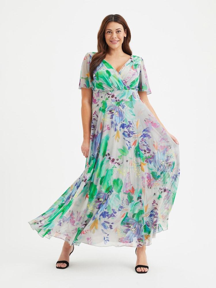 Scarlett & Jo Green & Purple Multi Floral Isabelle Angel Sleeve Maxi Dress - Image 1 of 5
