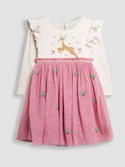 JoJo Maman Bébé Pink Reindeer Christmas Appliqué Tulle Party Dress - Image 1 of 5