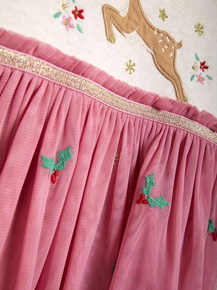 JoJo Maman Bébé Pink Reindeer Christmas Appliqué Tulle Party Dress - Image 4 of 5