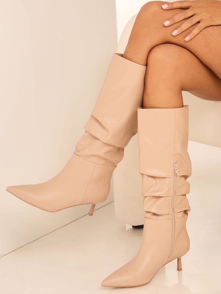 Lipsy Nude Standard Fit Kitten Heel Faux Leather Ruched Long Knee High Boot - Image 1 of 5
