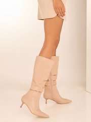Lipsy Nude Standard Fit Kitten Heel Faux Leather Ruched Long Knee High Boot - Image 2 of 5