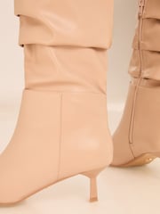 Lipsy Nude Standard Fit Kitten Heel Faux Leather Ruched Long Knee High Boot - Image 3 of 5