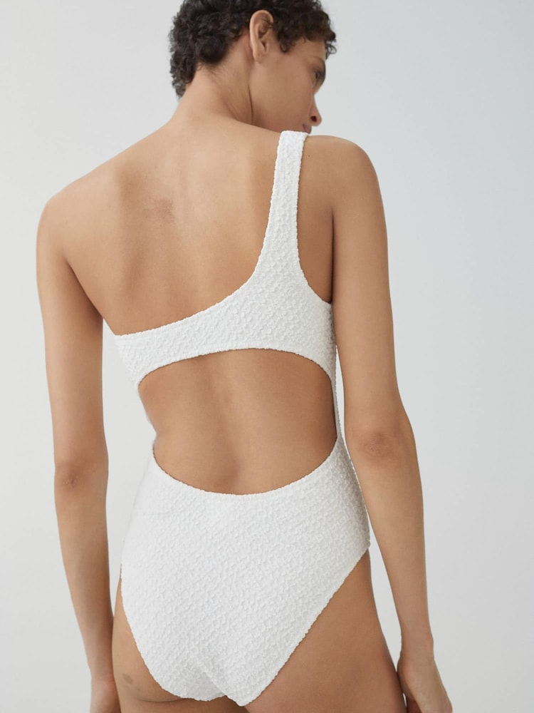 Mango White Crinkle One Shoulder Swimsuit - Image 1 of 6 Mango White Crinkle One Shoulder Swimsuit - Image 1 of 6