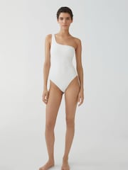 Mango White Crinkle One Shoulder Swimsuit - Image 3 of 6