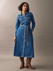 Dark Blue Western Midi Denim 100% Cotton Shirt Dress - Image 1 of 7