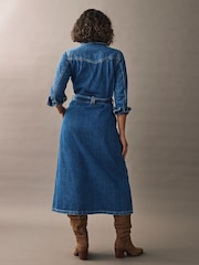 Dark Blue Western Midi Denim 100% Cotton Shirt Dress - Image 2 of 7