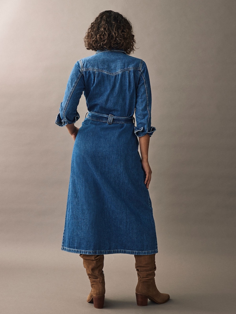 Dark Blue Western Midi Denim 100% Cotton Shirt Dress - Image 2 of 7