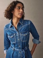 Dark Blue Western Midi Denim 100% Cotton Shirt Dress - Image 3 of 7