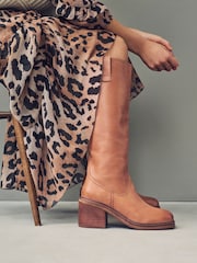 Tan Brown Leather Forever Comfort® Square Toe Chunky Knee High Boots - Image 1 of 8