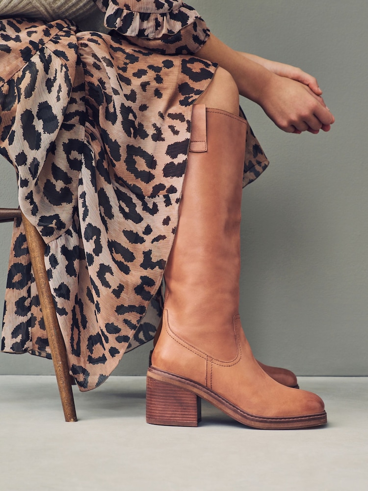 Tan Brown Leather Forever Comfort® Square Toe Chunky Knee High Boots - Image 1 of 8