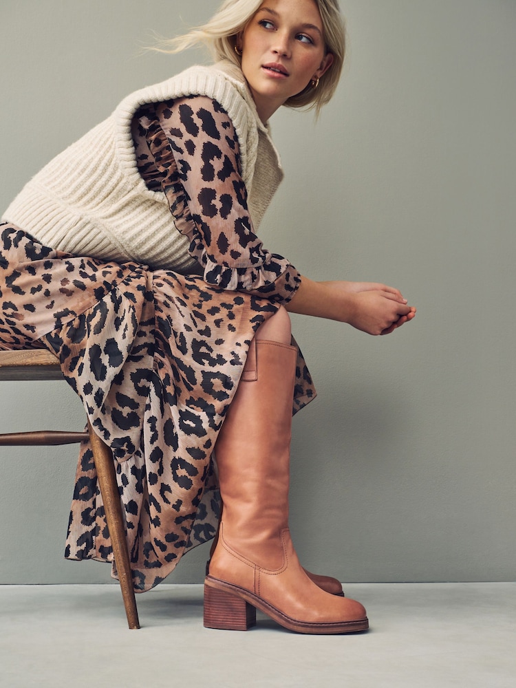 Tan Brown Leather Forever Comfort® Square Toe Chunky Knee High Boots - Image 2 of 8
