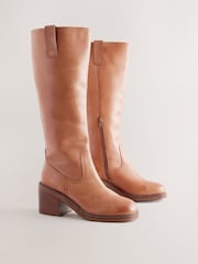 Tan Brown Leather Forever Comfort® Square Toe Chunky Knee High Boots - Image 4 of 8