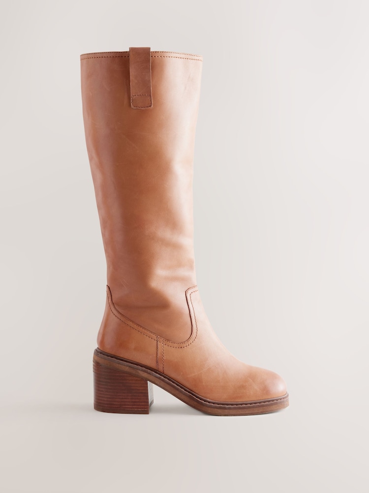Tan Brown Leather Forever Comfort® Square Toe Chunky Knee High Boots - Image 5 of 8
