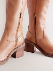 Tan Brown Leather Forever Comfort® Square Toe Chunky Knee High Boots - Image 6 of 8