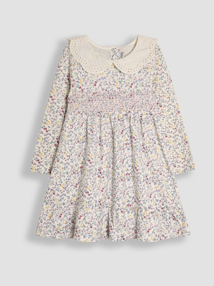JoJo Maman Bébé Cream Floral Smocked Broderie Collar Dress - Image 1 of 3