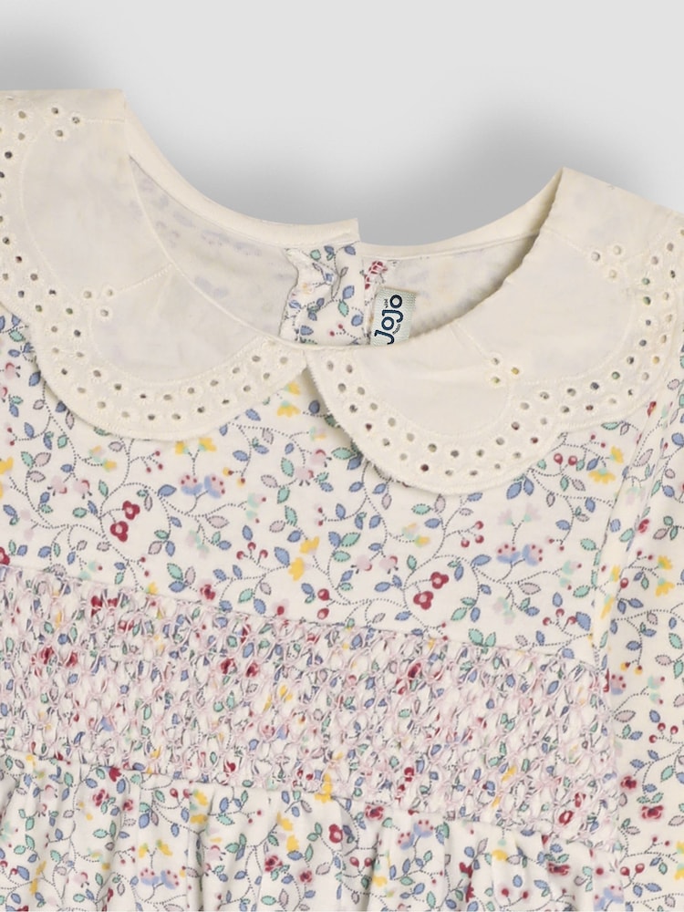 JoJo Maman Bébé Cream Floral Smocked Broderie Collar Dress - Image 3 of 3