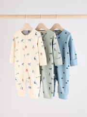 Teal Blue Baby Printed Zip Sleepsuits 3 Pack (0mths-3yrs) - Image 1 of 12