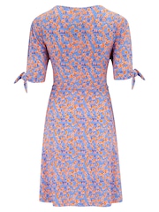 Pour Moi Pink Multi Floral Bella Fuller Bust Slinky Stretch Tie Sleeve Mini Dress - Image 4 of 4
